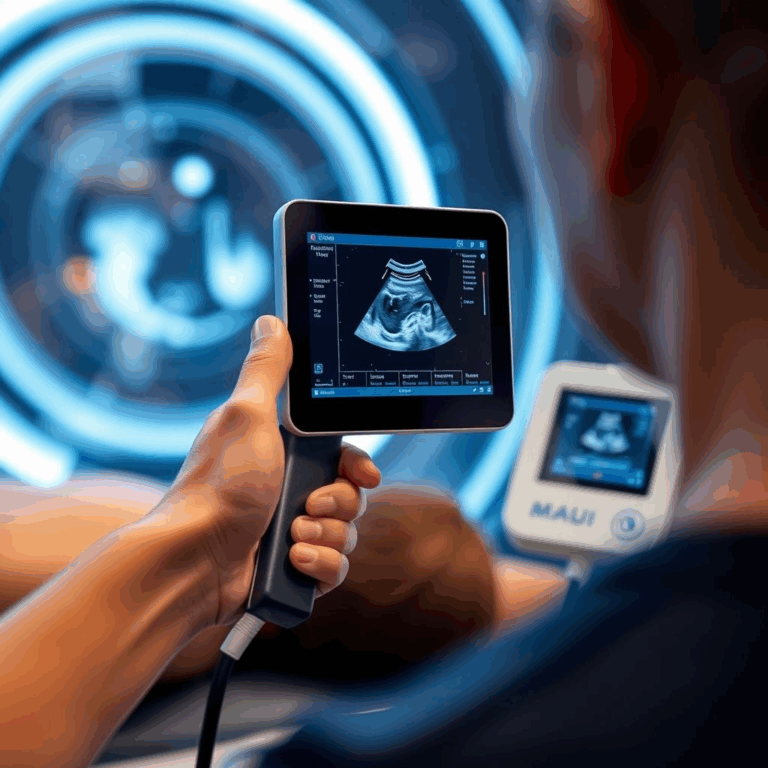 MAUI Imaging handheld ultrasound device scanning patient with focus on MAUI Imaging technology