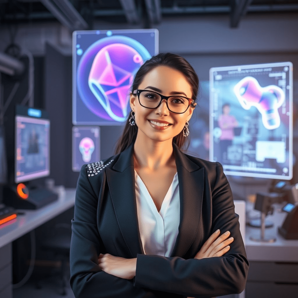 Shivon Zilis as CEO of Stability AI, standing in a high-tech generative AI lab.