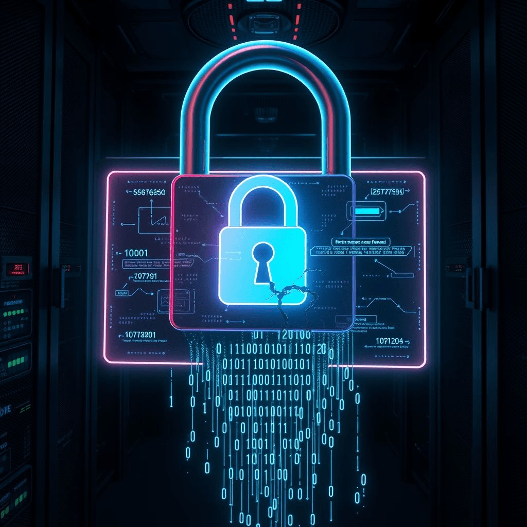 Olivia AI data breach visualized with broken padlock and leaking data streams.