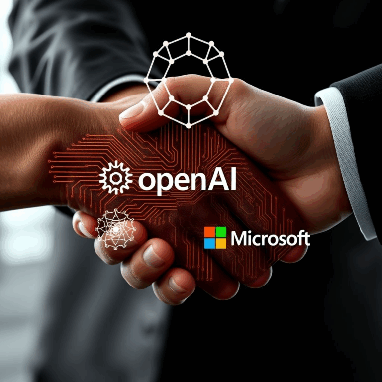 Microsoft and OpenAI logos connected by handshake graphic denoting OpenAI access deal