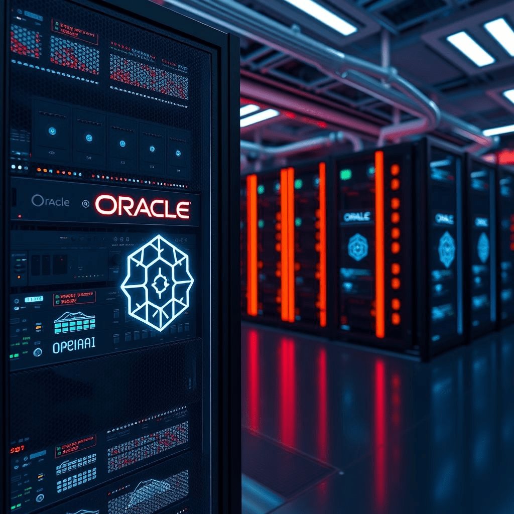 Oracle and OpenAI branded server racks in a data center representing the cloud deal
