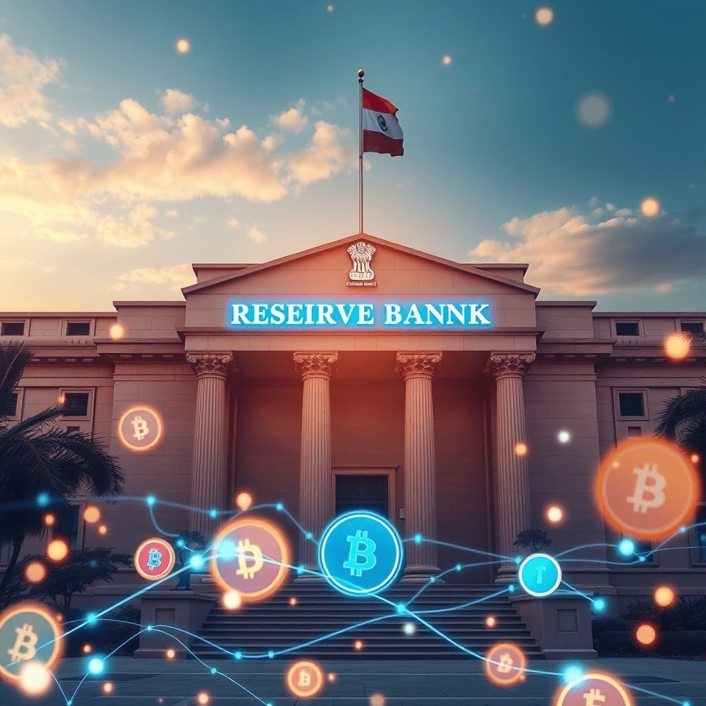 RBI crypto policy paper concept with blockchain graphics and RBI HQ