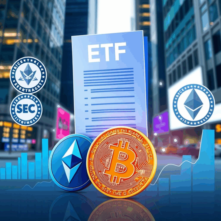 in-kind crypto ETPs visual with bitcoin, ethereum, and SEC elements