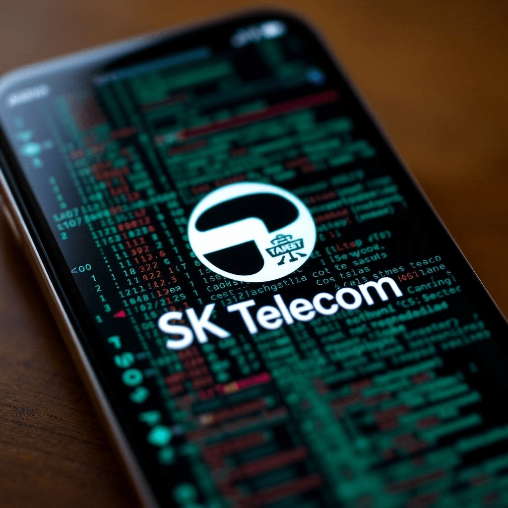 Smartphone displaying malware code with SK Telecom logo symbolizing the data leak issue