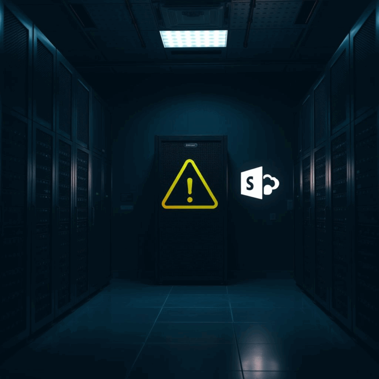 SharePoint zero-day breach warning sign on server room background
