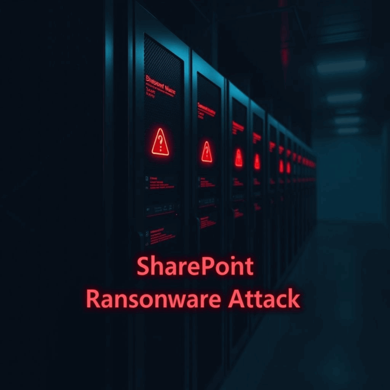 Server room with red ransomware warning overlay and SharePoint ransomware attack text
