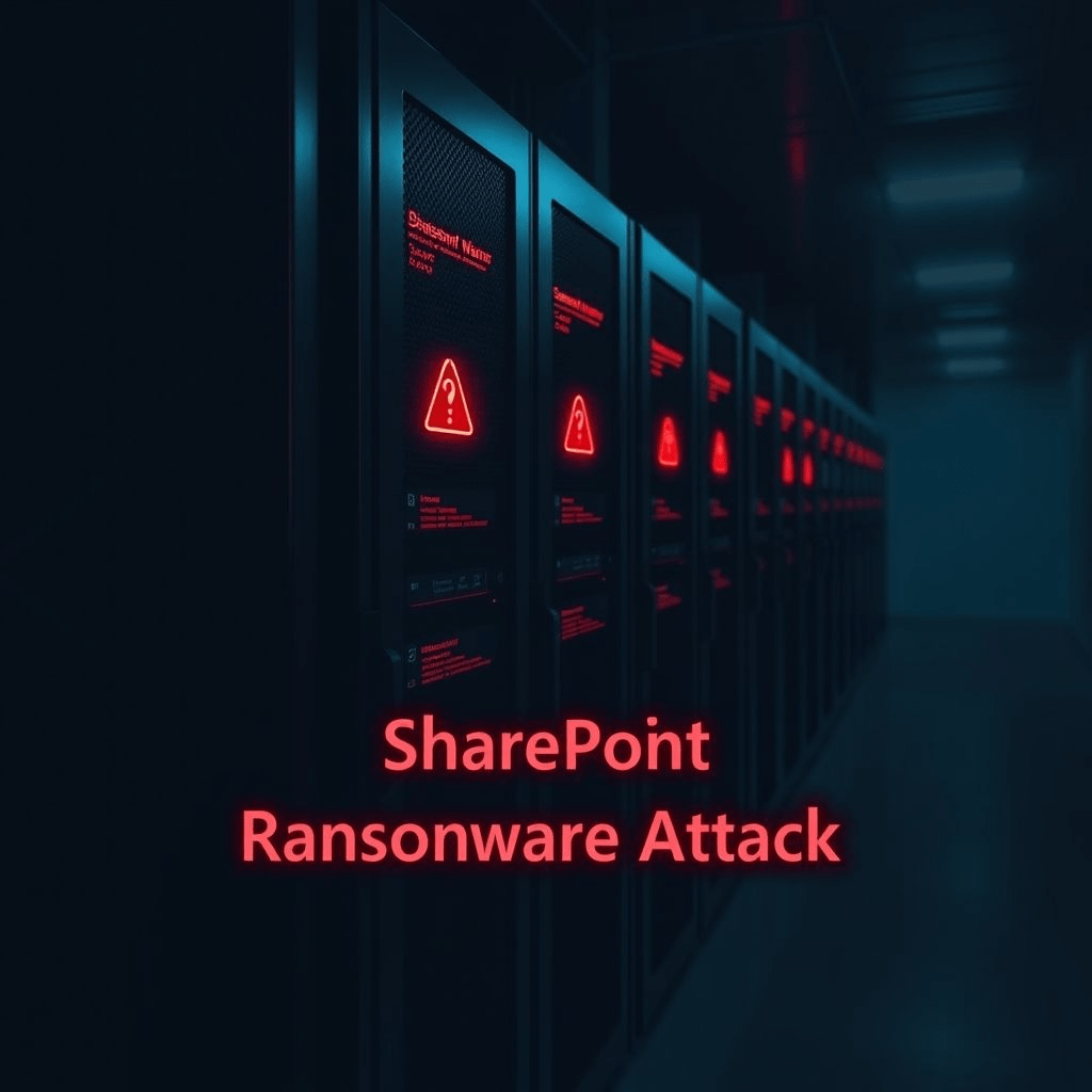 Server room with red ransomware warning overlay and SharePoint ransomware attack text