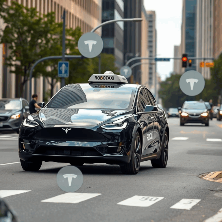 Tesla robotaxi Model Y driving in city with safety driver