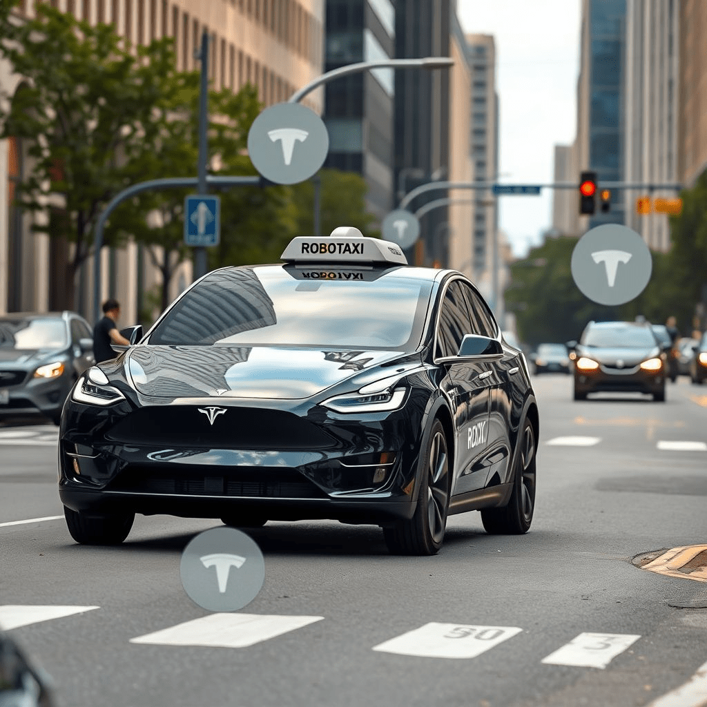 Tesla robotaxi Model Y driving in city with safety driver