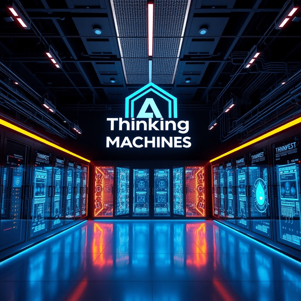 Thinking Machines Lab funding illustrates AI lab environment with logo and glowing server visuals