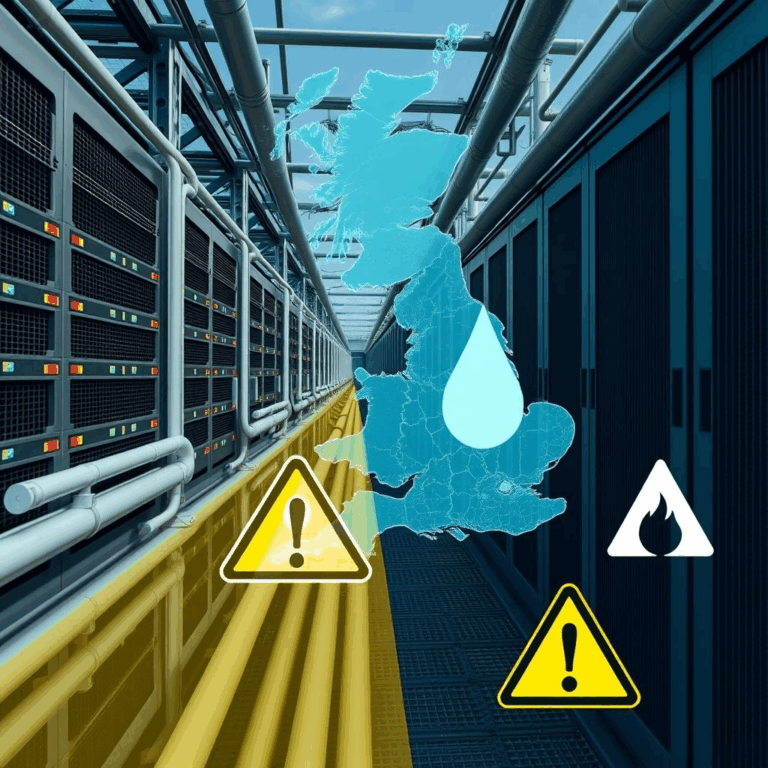UK AI data centre water concern visual with facility, water piping and caution overlay
