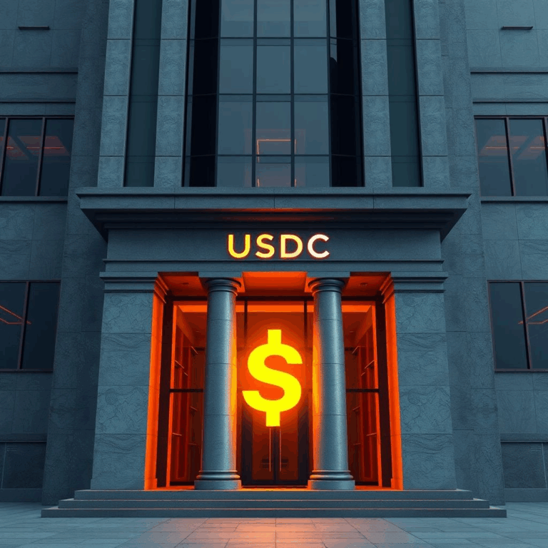 Circle trust bank concept showing USDC custody building.