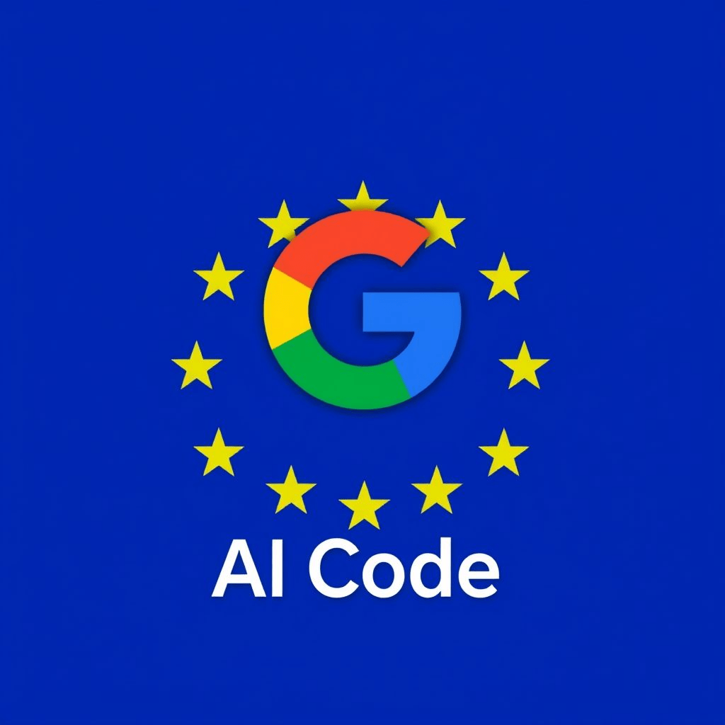 Google EU AI code graphic with EU flag and Google branding