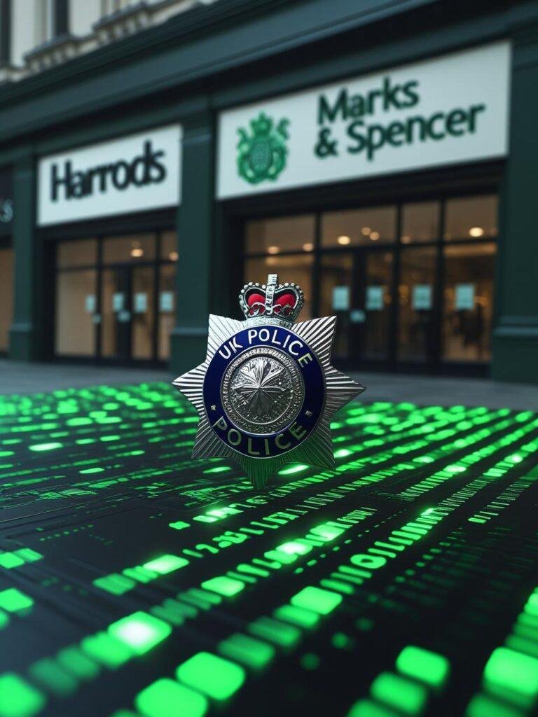 UK cyberattacks arrests depiction with police badge over cyber code and retailer logos