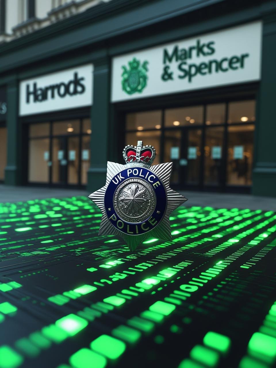 UK cyberattacks arrests depiction with police badge over cyber code and retailer logos