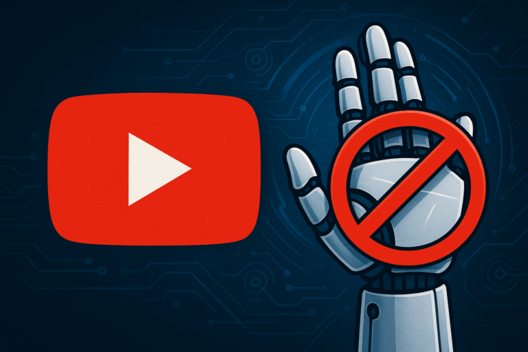 YouTube logo and AI robot visuals showing youtube ai monetization ban