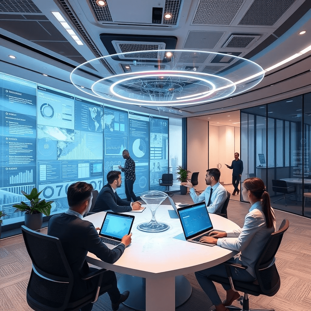 Enterprise ChatGPT displayed in a corporate office with digital assistant tools on transparent screens