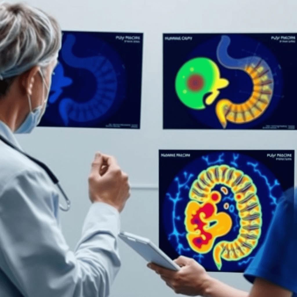 Doctor comparing AI-assisted and non-AI colonoscopy images highlighting AI deskilling healthcare.