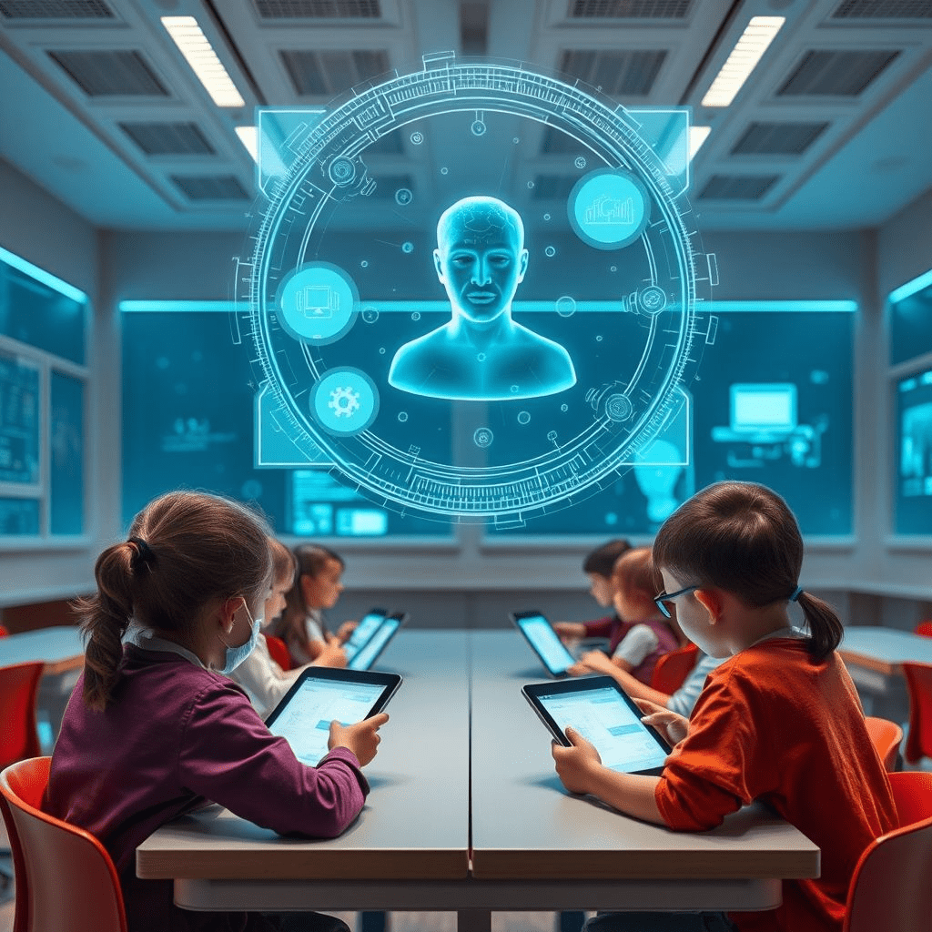 Students in an AI-driven school model using adaptive learning apps with a digital tutor hologram.