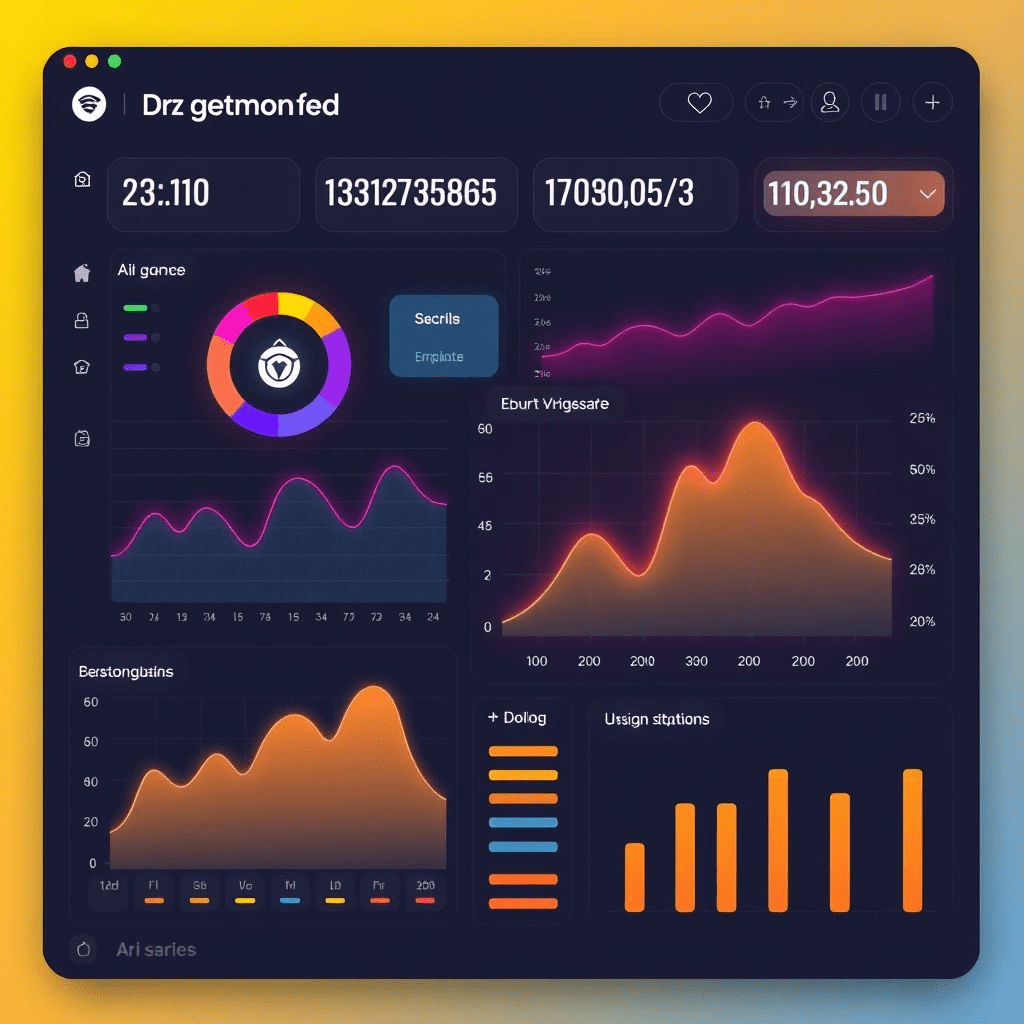 AI publishing operating system dashboard with graphs and monetization icons