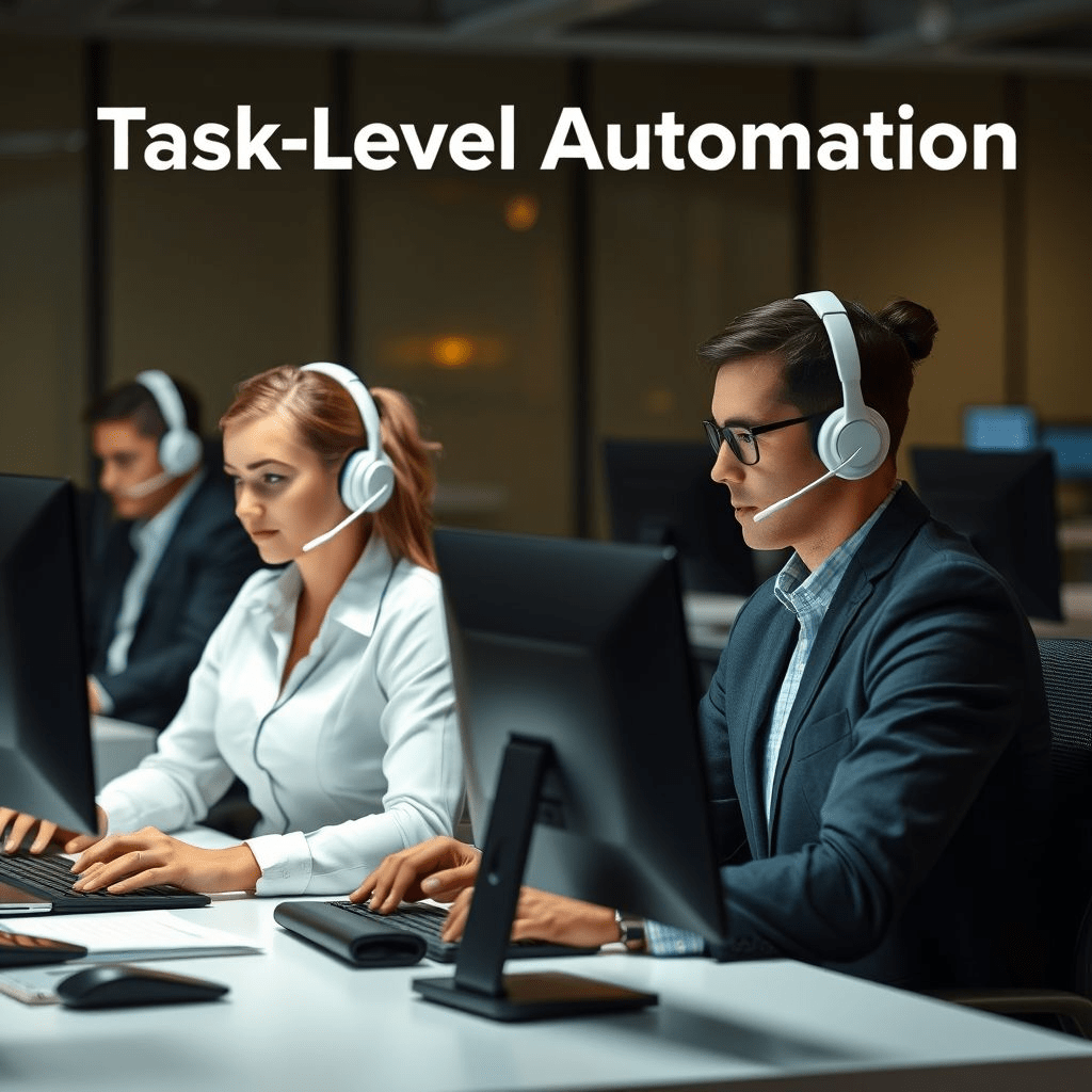 Workers using AI assistants for specific tasks, showing task-based automation
