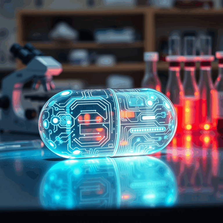 AI drug discovery capsule glowing in laboratory setting