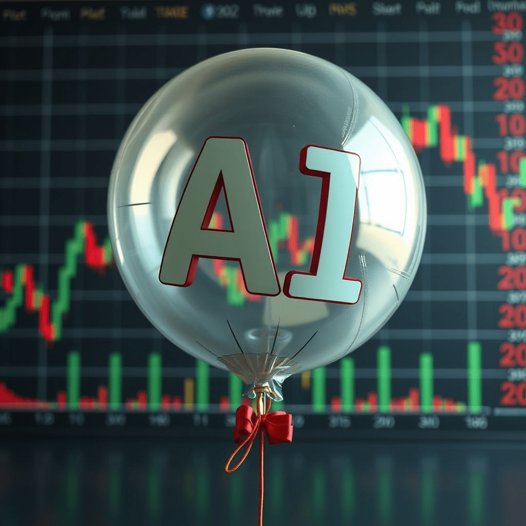 AI hype slump represented by a deflated balloon against falling stock charts