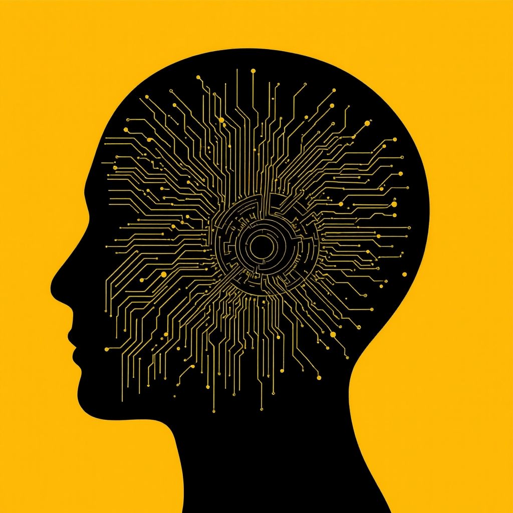 Silhouette of a person’s head overlaid with abstract AI circuitry and fragmented visuals under the caption “AI psychosis warning”.