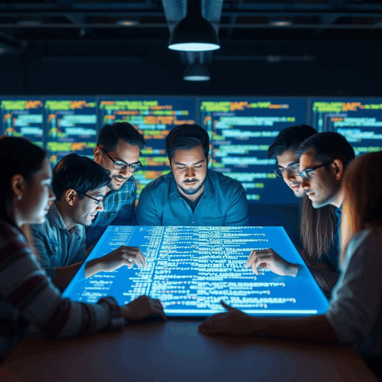 AI reshaping software development with developers collaborating around glowing AI-coded interface.