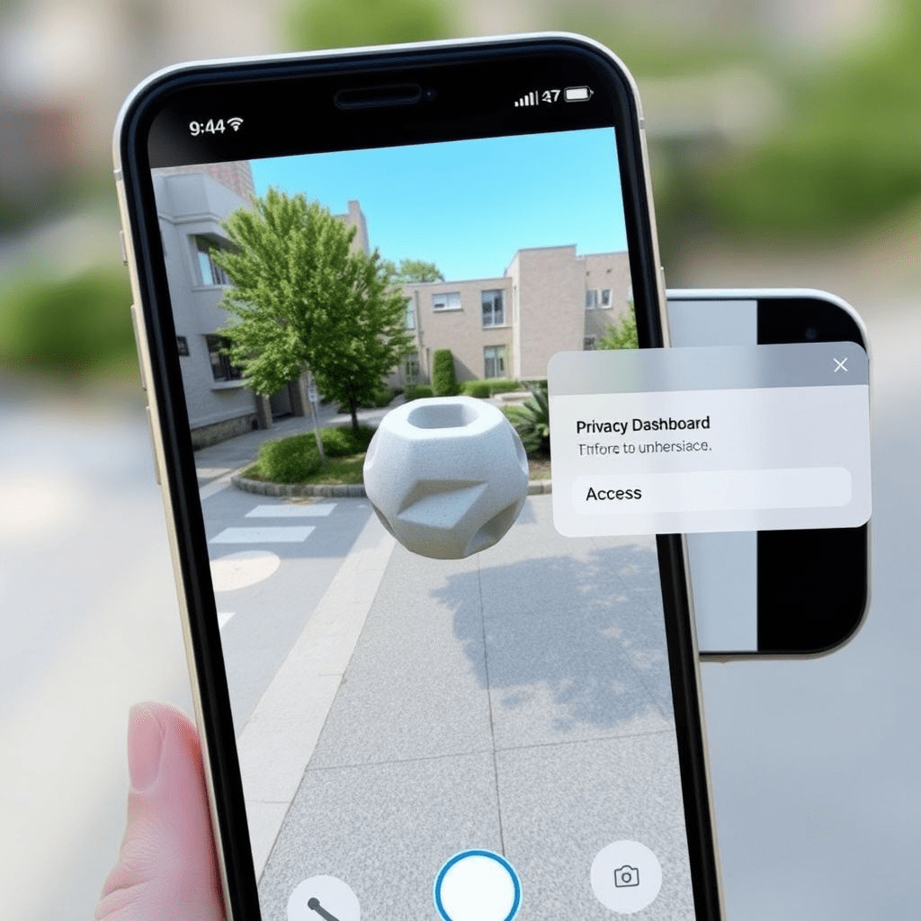 iOS 19.1 developer beta showing ARKit 7 augmented reality object with privacy dashboard popup