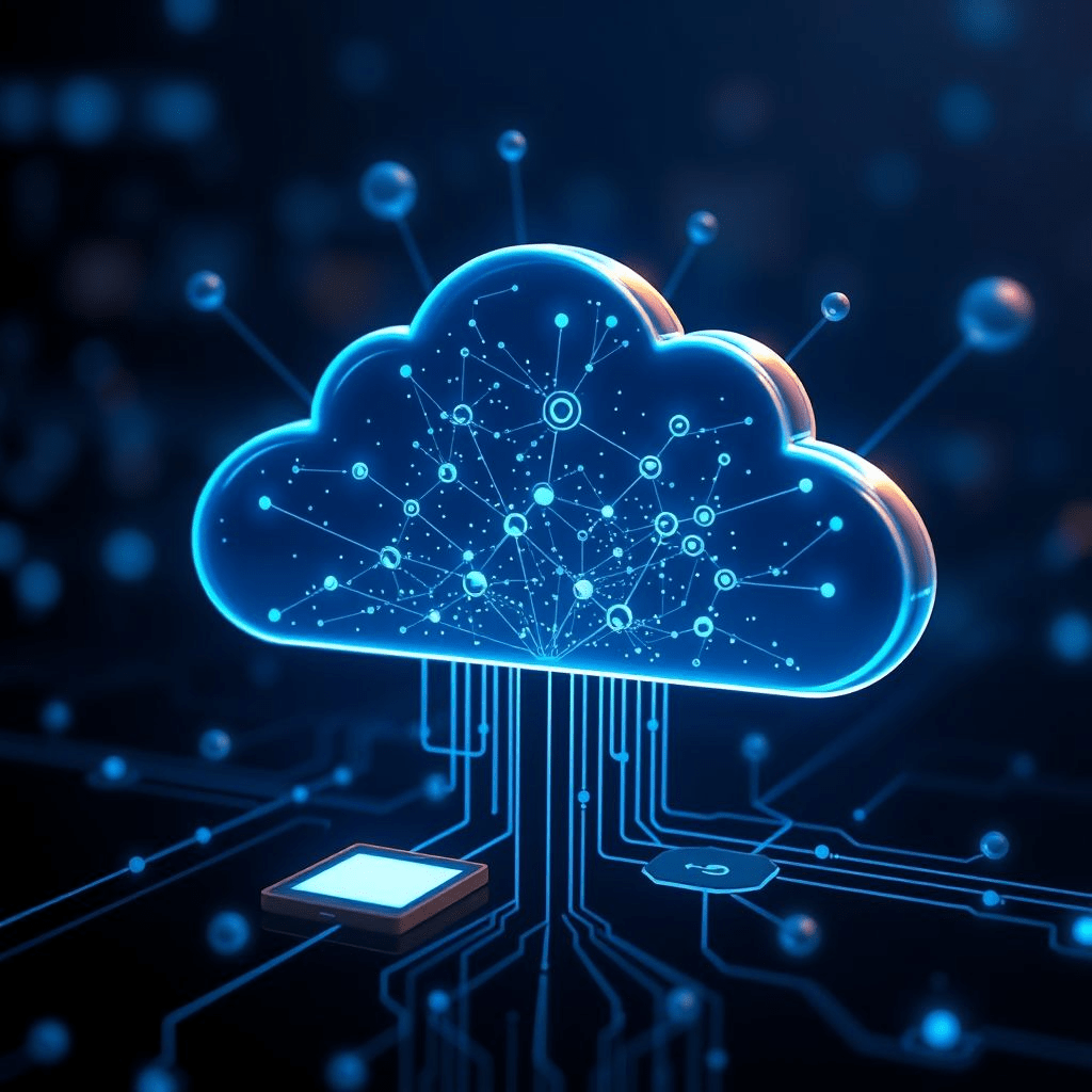 Akida cloud platform powering edge AI devices in a futuristic cloud environment.