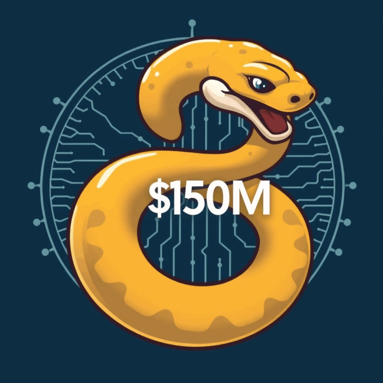 Anaconda funding image showing Python snake wrapped around AI network and $150M label