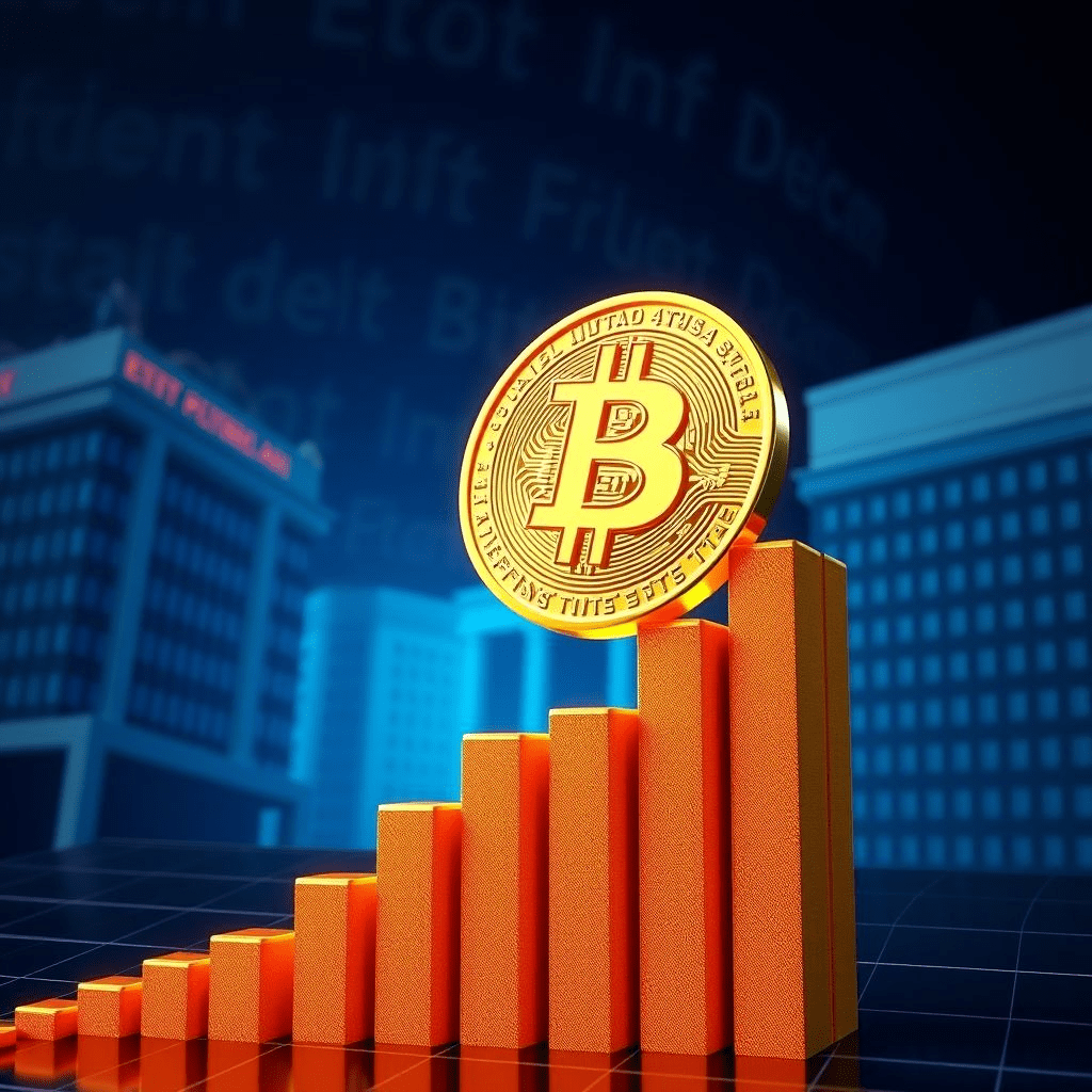 Bitcoin record high: golden BTC coin rising above a digital price chart with ETF imagery.