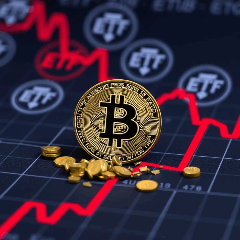 Bitcoin spot demand crash – BTC coin on downward red graph with ETF symbols fading