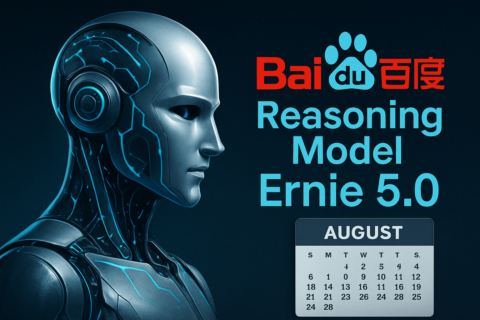 Baidu reasoning model and Ernie 5.0 launch concept with futuristic AI head.