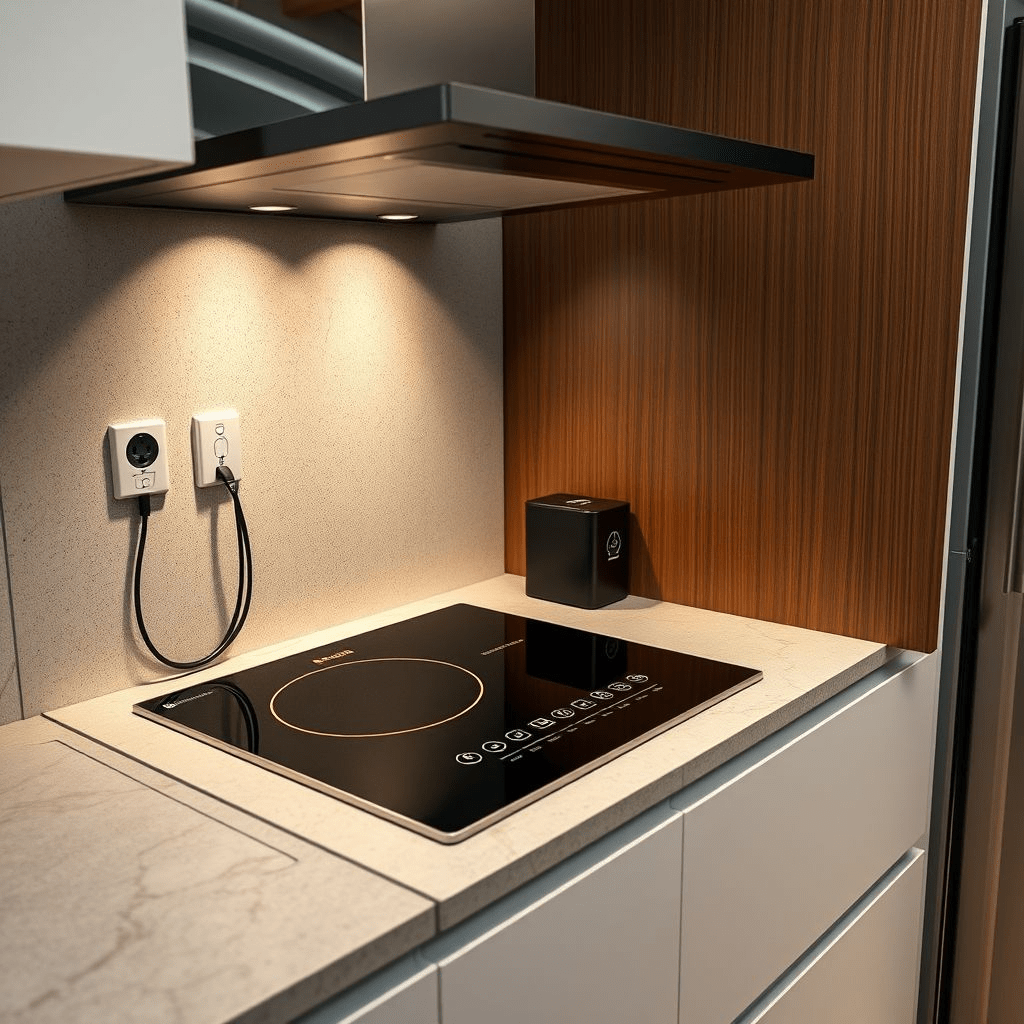 “battery induction stove startup device plugged into a standard wall socket in a modern kitchen”