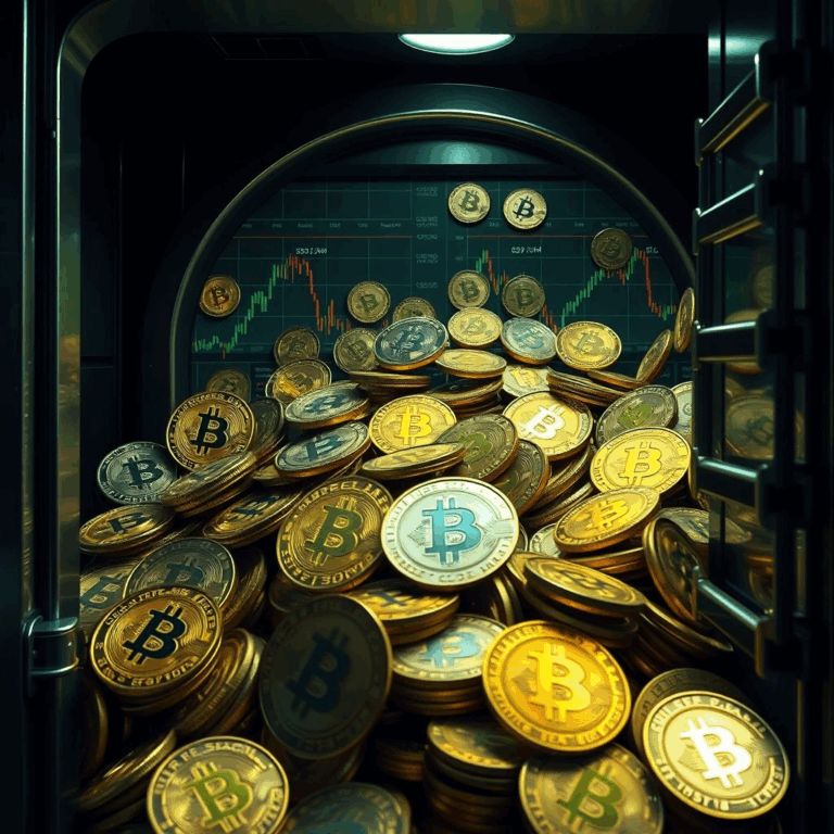 Crypto treasury supply crunch visualized with Bitcoin vault and shrinking exchange charts.