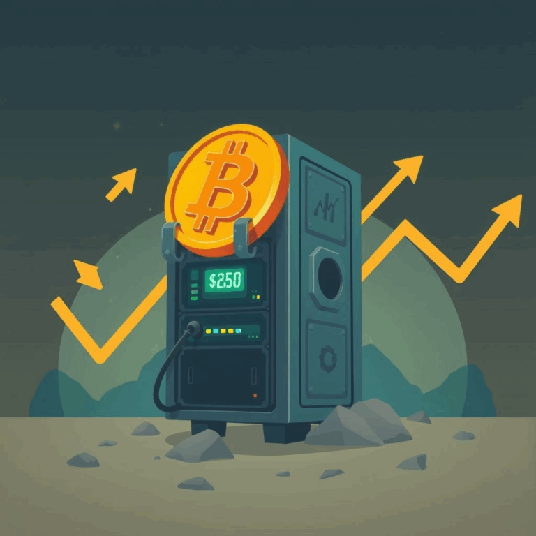 Bitcoin miner revenue decline illustration showing rig, falling chart, and no-selling sign