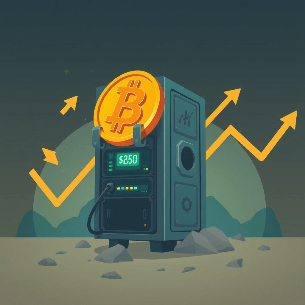 Bitcoin miner revenue decline illustration showing rig, falling chart, and no-selling sign
