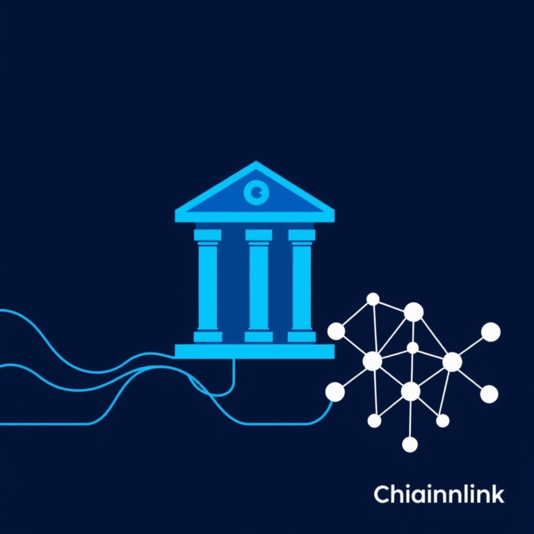 “Chainlink ICE partnership visualized as data streams between an exchange and blockchain nodes.”