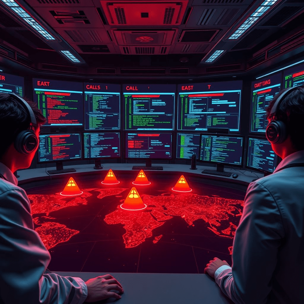 Cybersecurity analysts tracking global vishing attack patterns at Cisco command center.