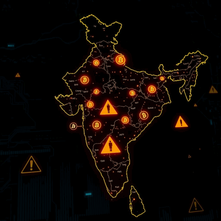 Crypto cybercrime shift visual with India map and digital threat overlays.