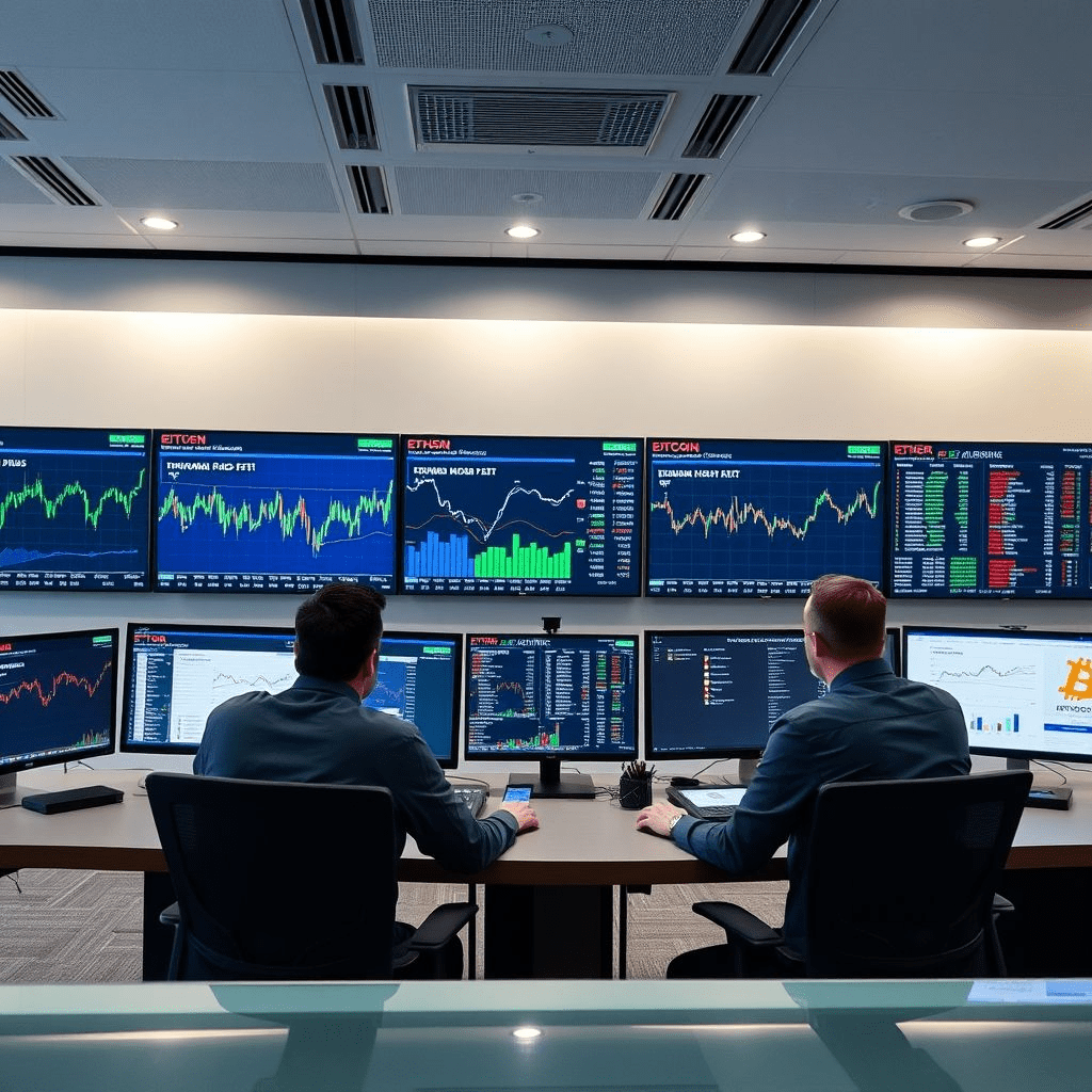 crypto hedge funds performance screens with Bitcoin Ether charts