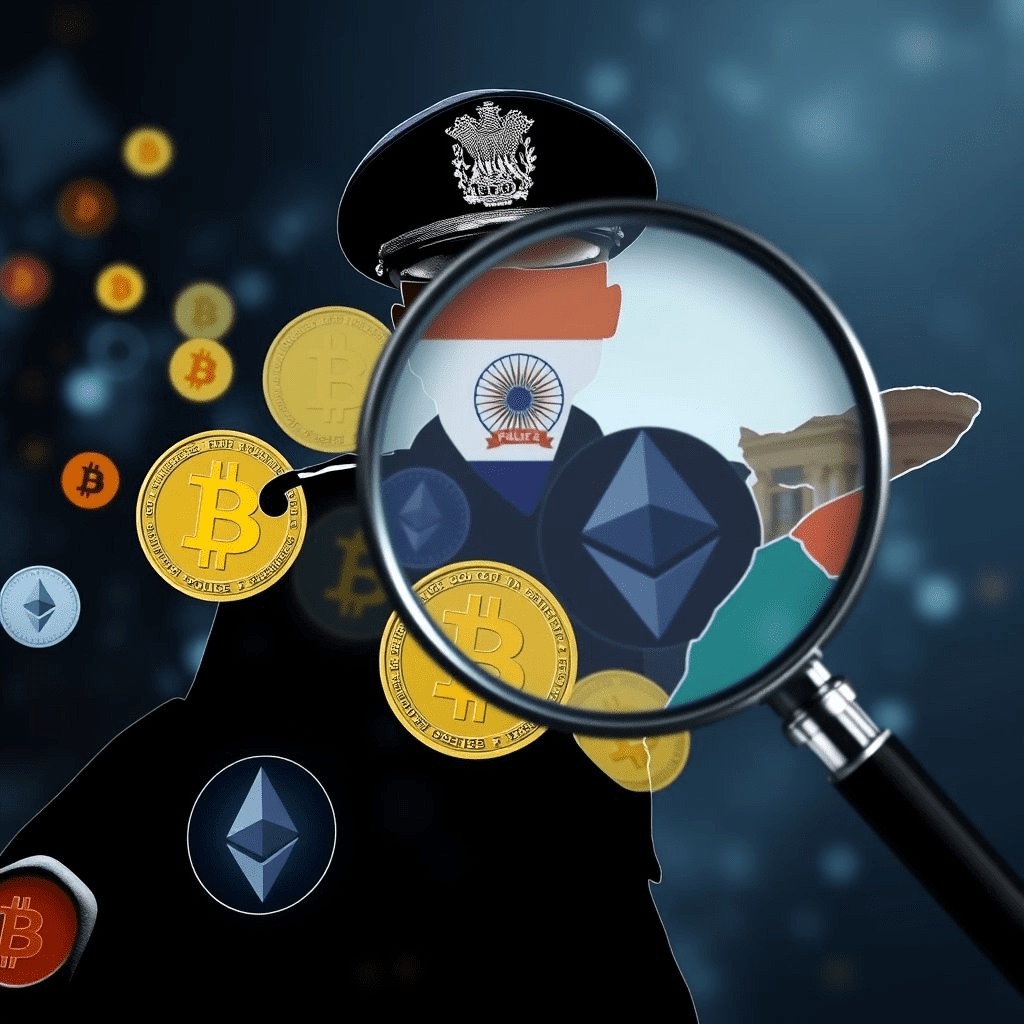 crypto laundering case in India showing police silhouette and crypto symbols