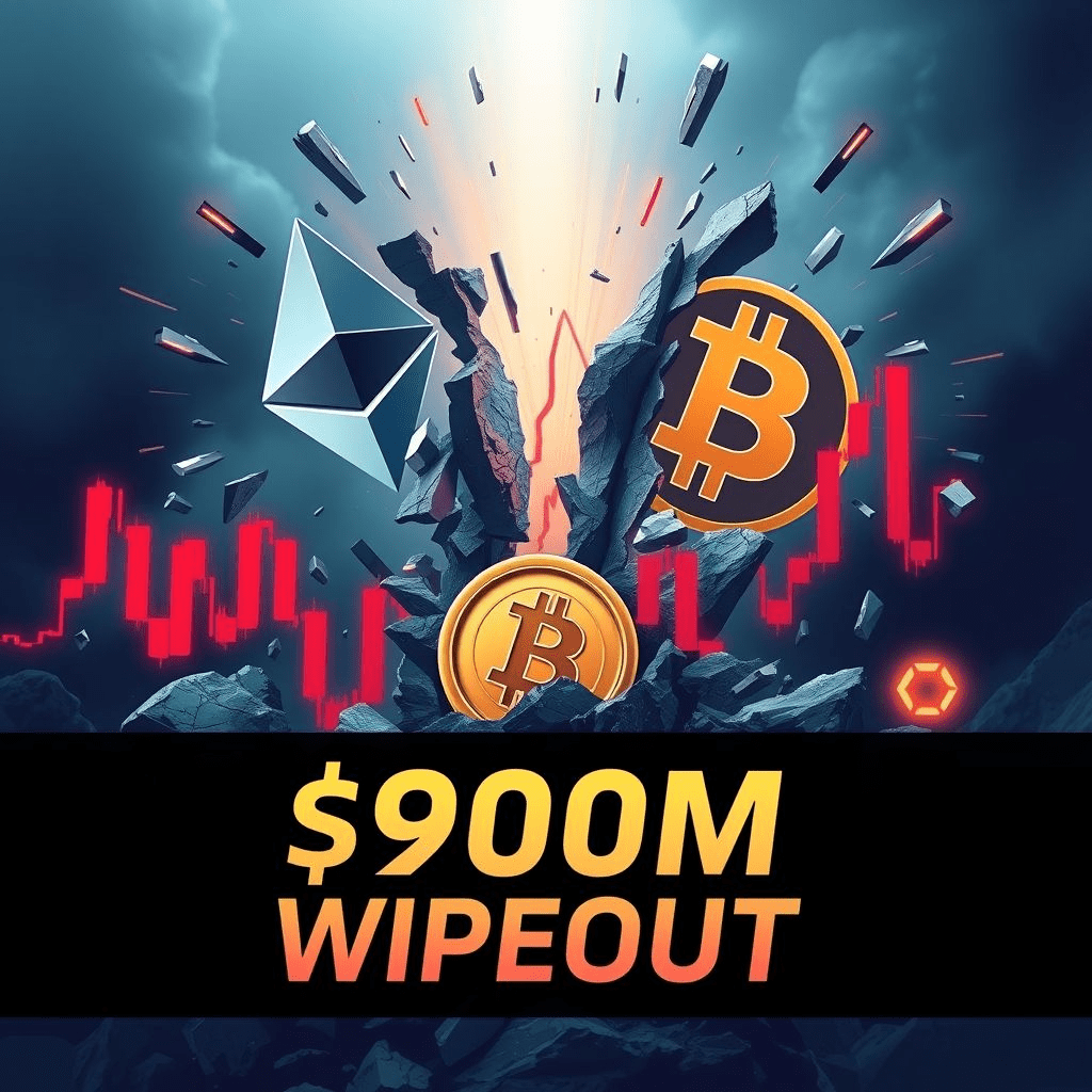 “Crypto liquidation crash showing Bitcoin and Ethereum logos with red candlesticks dropping sharply.”
