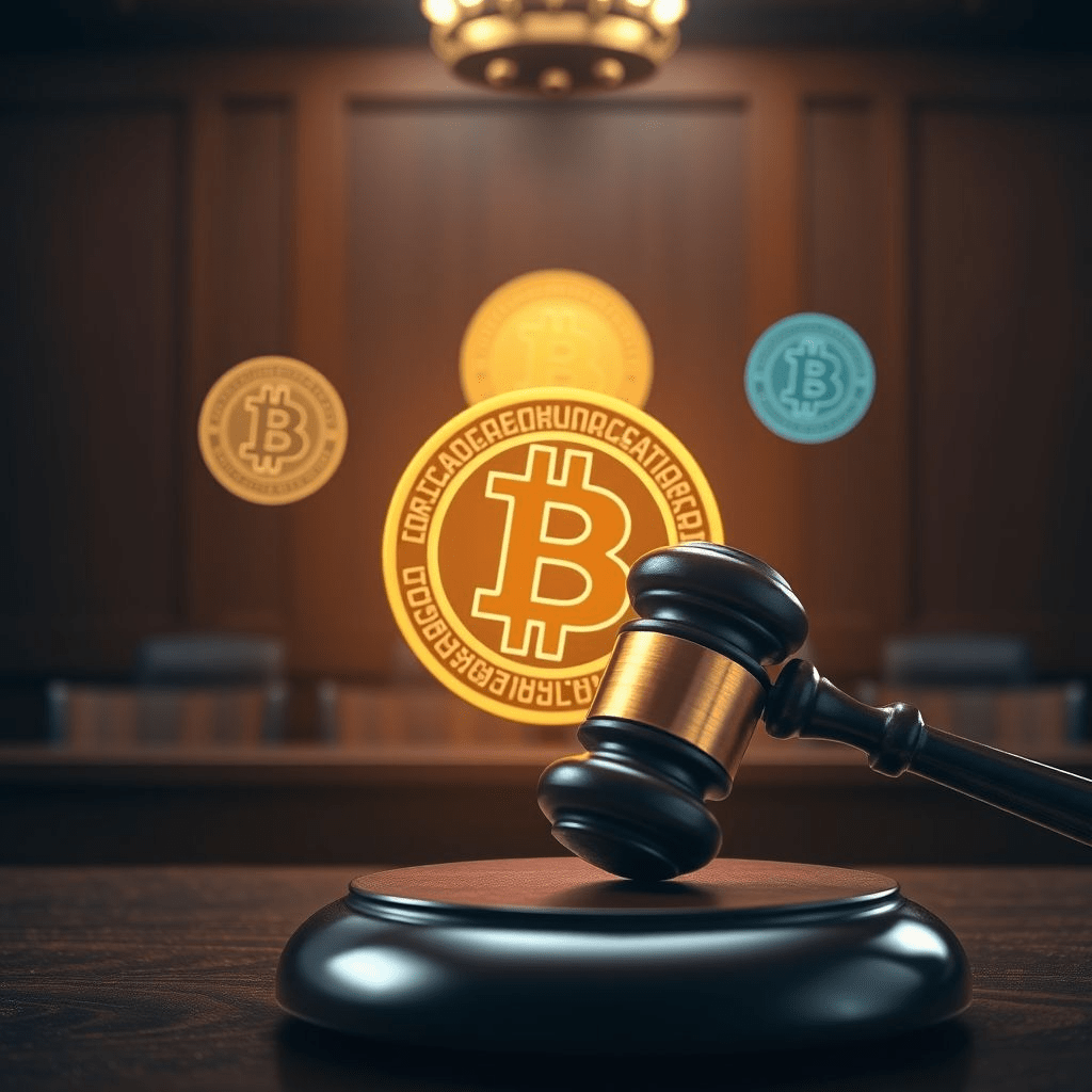 “Do Kwon guilty plea—judge’s gavel with crypto logos in a courtroom.”