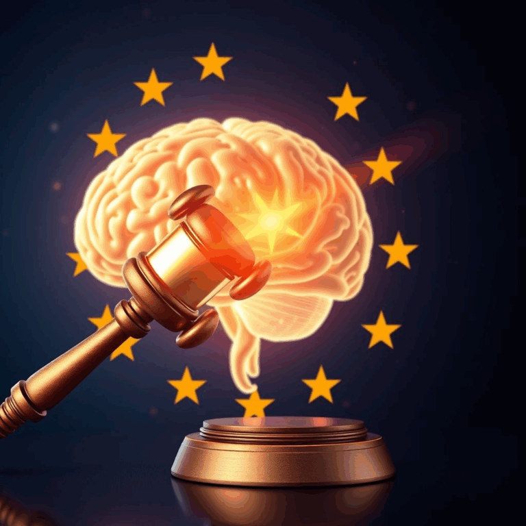 EU gavel striking beside AI brain encircled by stars, symbolizing GPAI obligations