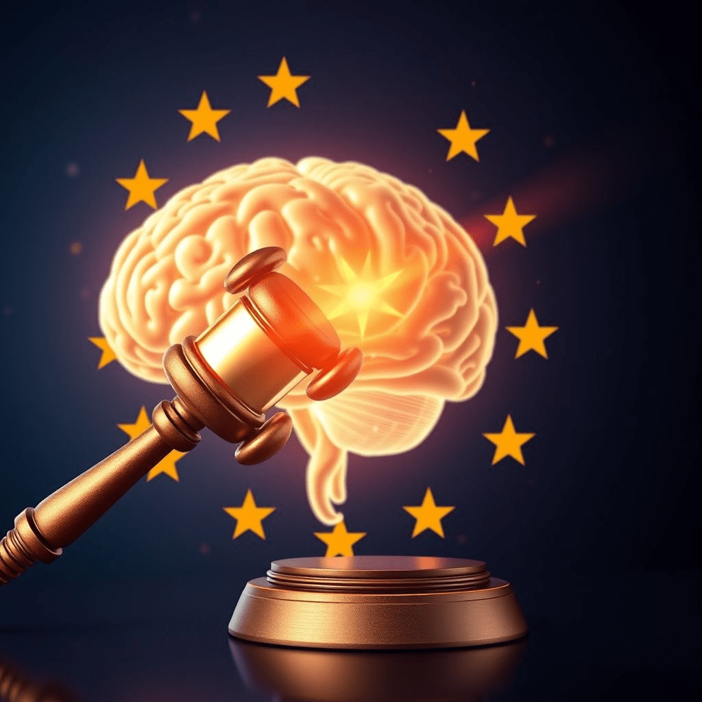 EU gavel striking beside AI brain encircled by stars, symbolizing GPAI obligations