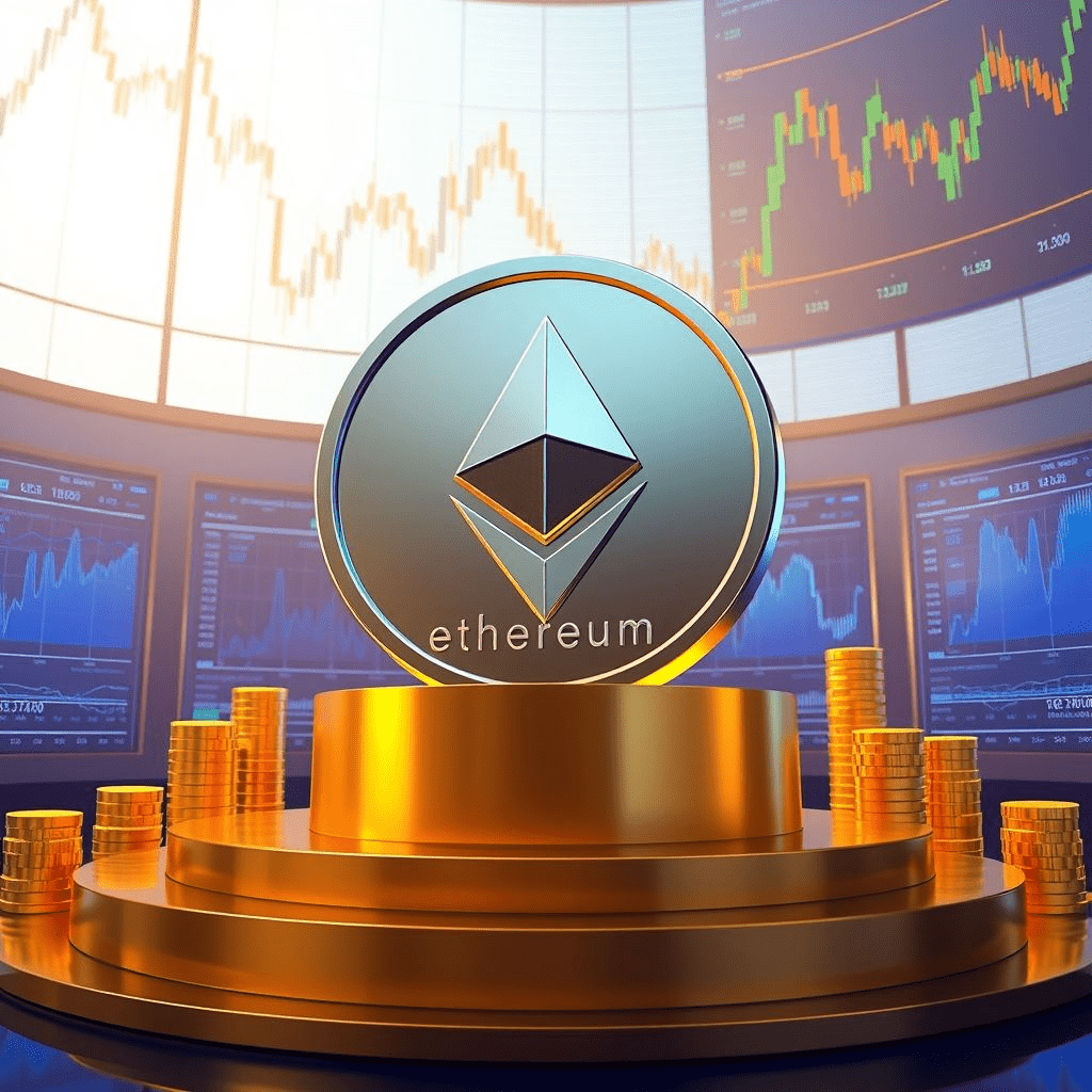 Ethereum whale buy – giant ETH coin on financial pedestal with upward charts