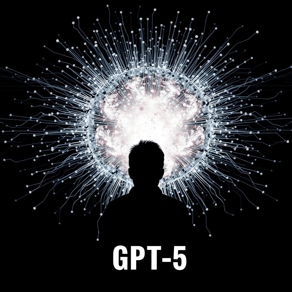 Sam Altman silhouette against a neural network explosion, representing GPT-5 unease and AI power concerns